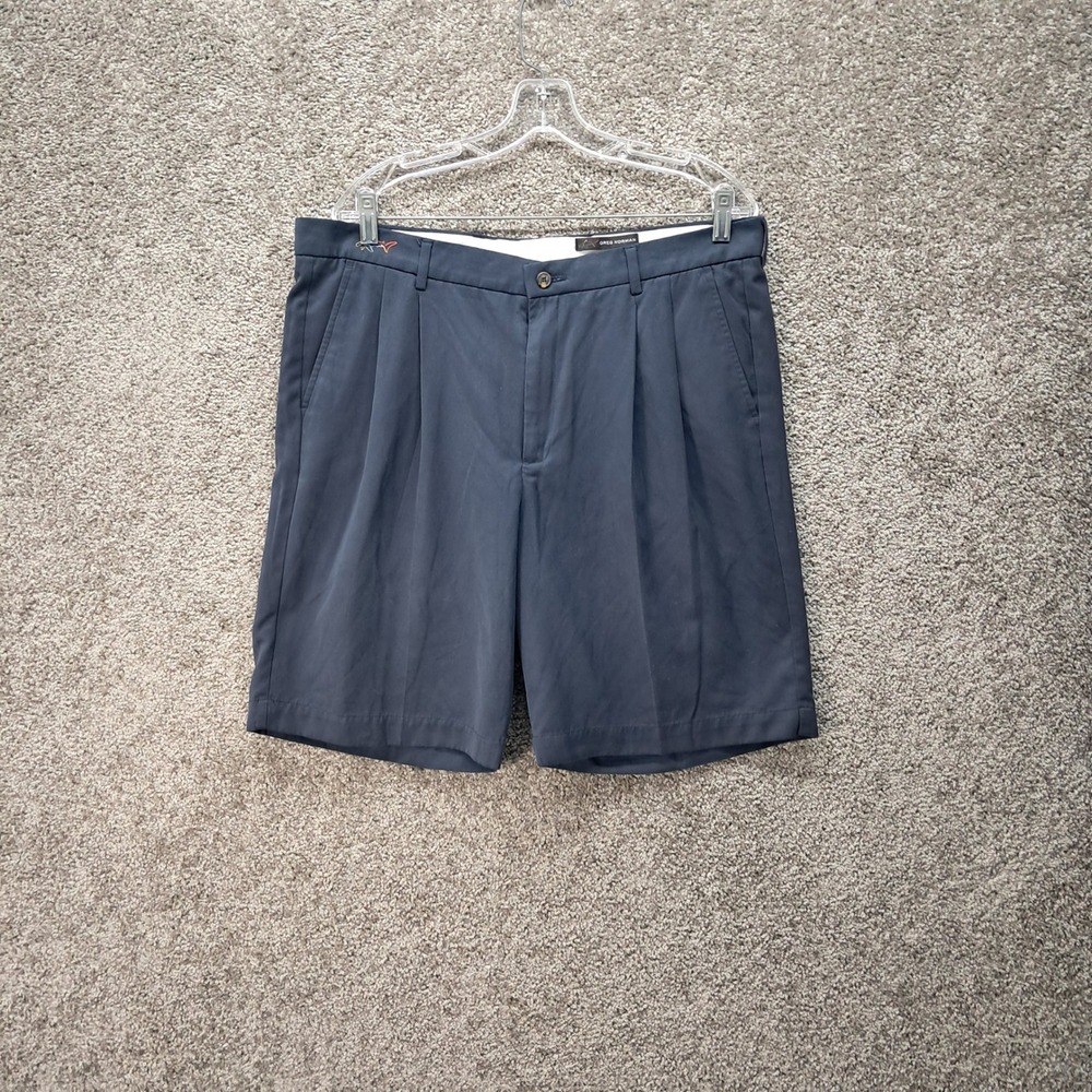 Greg Norman Mens Navy Blue Pleated Golf Shorts Size 36W Performance Shark Logo